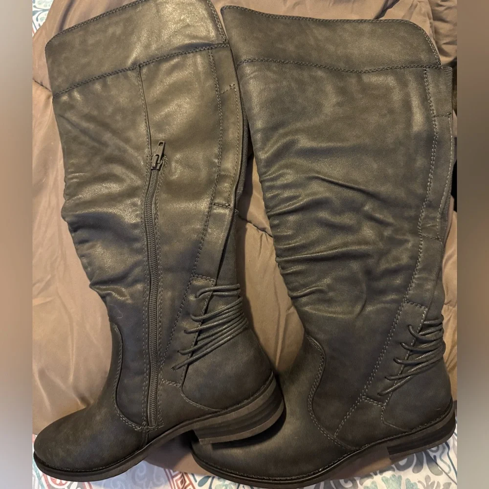 Bare Traps Riding Boots Averil Tall Shaft Ruched Women's 7.5M Side Zip Dark Grey